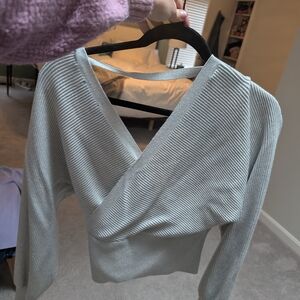 French Connection Light Gray Ribbed V-Neck Wrap Sweater